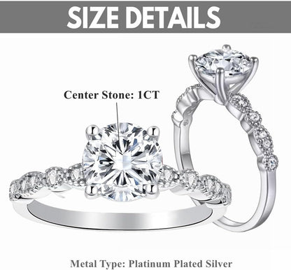 1-1/5 Carat (Ctw) Classic round Engagement Rings for Women Platinum Plated Silver Moissanite Engagement Ring Anniversary Promise Ring