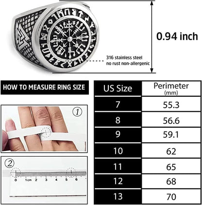 Vegvisir the Viking Runic Compass Ring with Rune Circle and Double Valknut Symbol 316L Stainless Steel Norse Scandinavian Viking Jewelry