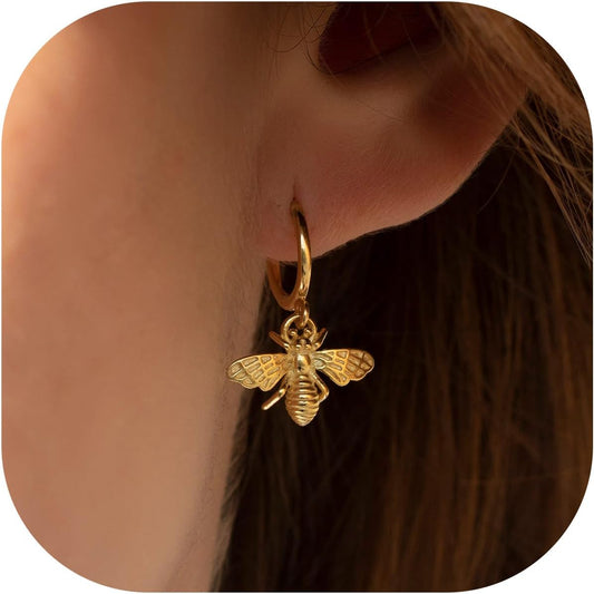 Gold Huggie Hoop Earrings, S925 Sterling Silver Post Dangle Hoop Earrings Hypoallergenic 14K Gold Plated Small Hoop Earrings with Charms Cross Bee Snake Evil Eye Star Huggie Earrings for Women