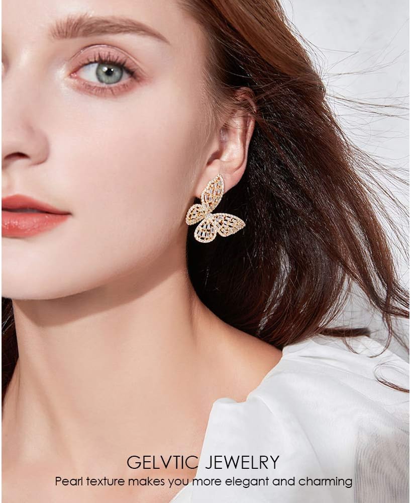 Silver Rhinestone Butterfly Earrings for Women Girls Gold Butterfly Earring Crystal CZ Cubic Zirconia Sterling Silver Cute Bow Stud for Mother Wife Lover Valentine'S Day Gift Jewelry Prom Wedding Brides