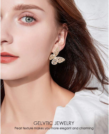 Silver Rhinestone Butterfly Earrings for Women Girls Gold Butterfly Earring Crystal CZ Cubic Zirconia Sterling Silver Cute Bow Stud for Mother Wife Lover Valentine'S Day Gift Jewelry Prom Wedding Brides