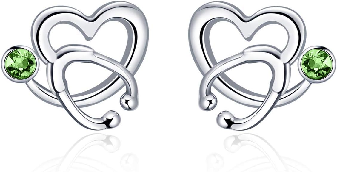 Nurse Earrings 925 Sterling Silver Stethoscope Studs Earrings Simulated 12 Months Birthstone Crystal from Austria, Graduation Jewelry Gifts for Nurse Doctor RN Medical Student