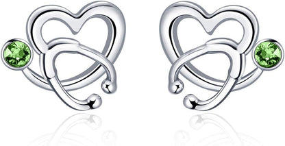 Nurse Earrings 925 Sterling Silver Stethoscope Studs Earrings Simulated 12 Months Birthstone Crystal from Austria, Graduation Jewelry Gifts for Nurse Doctor RN Medical Student