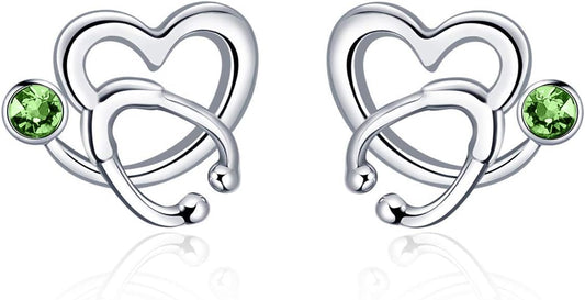 Nurse Earrings 925 Sterling Silver Stethoscope Studs Earrings Simulated 12 Months Birthstone Crystal from Austria, Graduation Jewelry Gifts for Nurse Doctor RN Medical Student