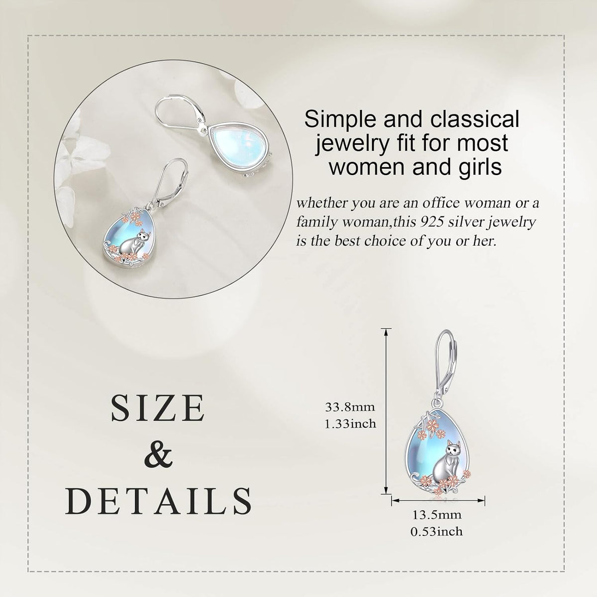 Cat/Hummingbird Earrings for Women 925 Sterling Silver Moonstone Dangle Earrings Animal Drop Earring Jewelry Christmas Gifts