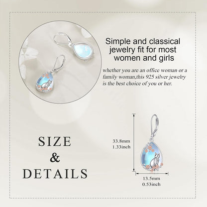 Cat/Hummingbird Earrings for Women 925 Sterling Silver Moonstone Dangle Earrings Animal Drop Earring Jewelry Christmas Gifts