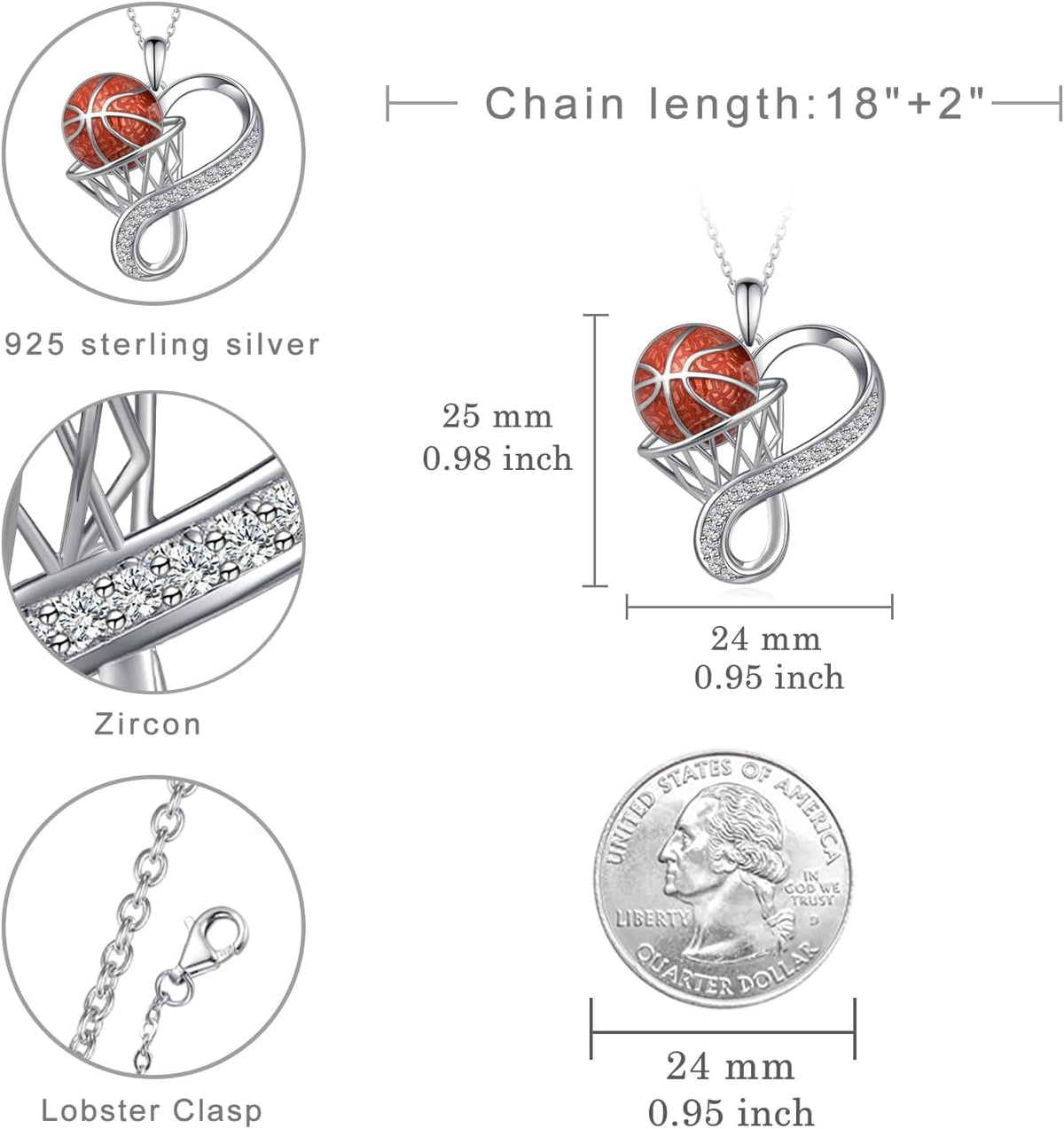 925 Sterling Silver Basketball CZ Pendant Necklace