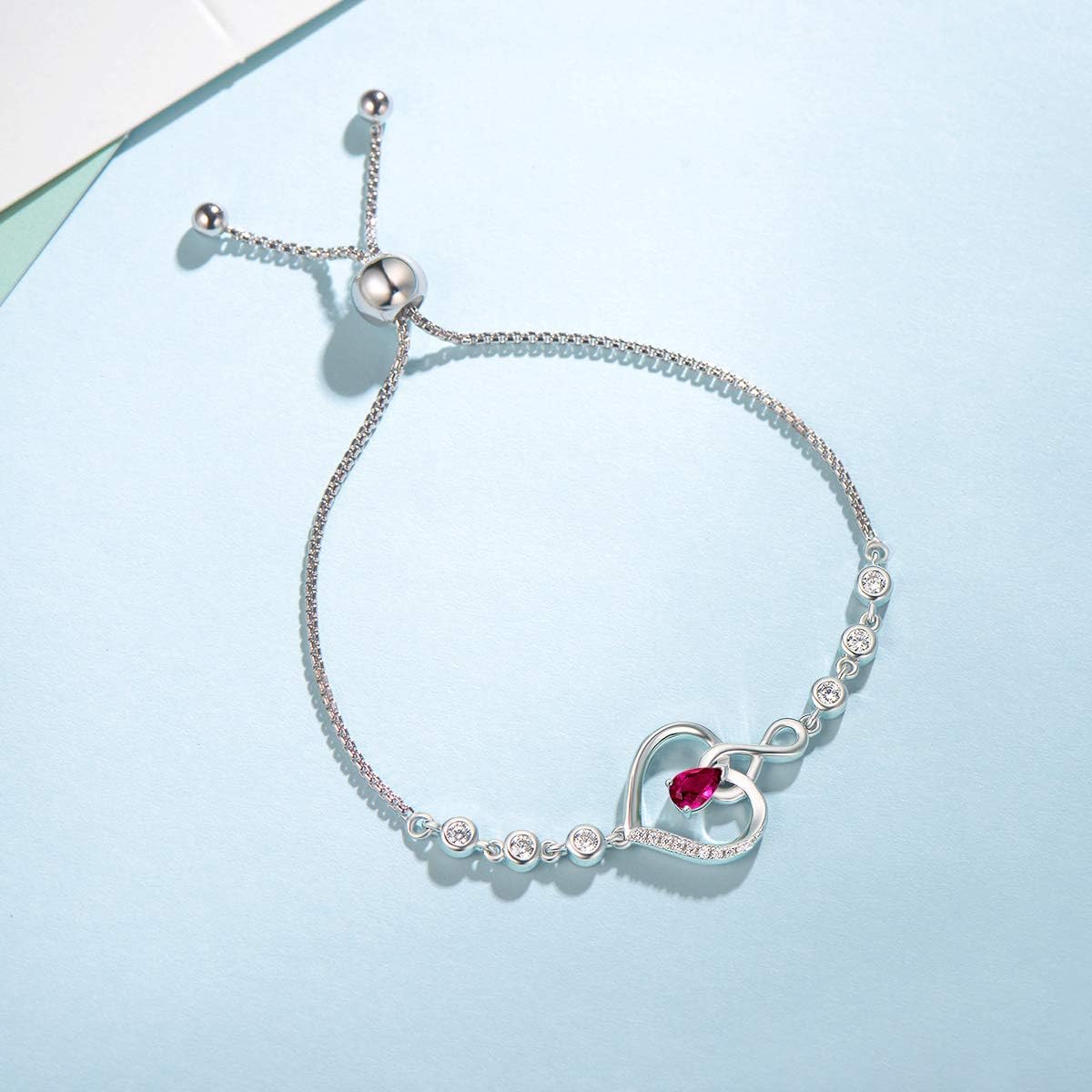 Heart Birthstone Bracelets for Women Sterling Silver Genuine or Created Gemstone Tennis Bracelet Infinity Love Jewelry Anniversary Birthday Gifts for Wife Mom Women