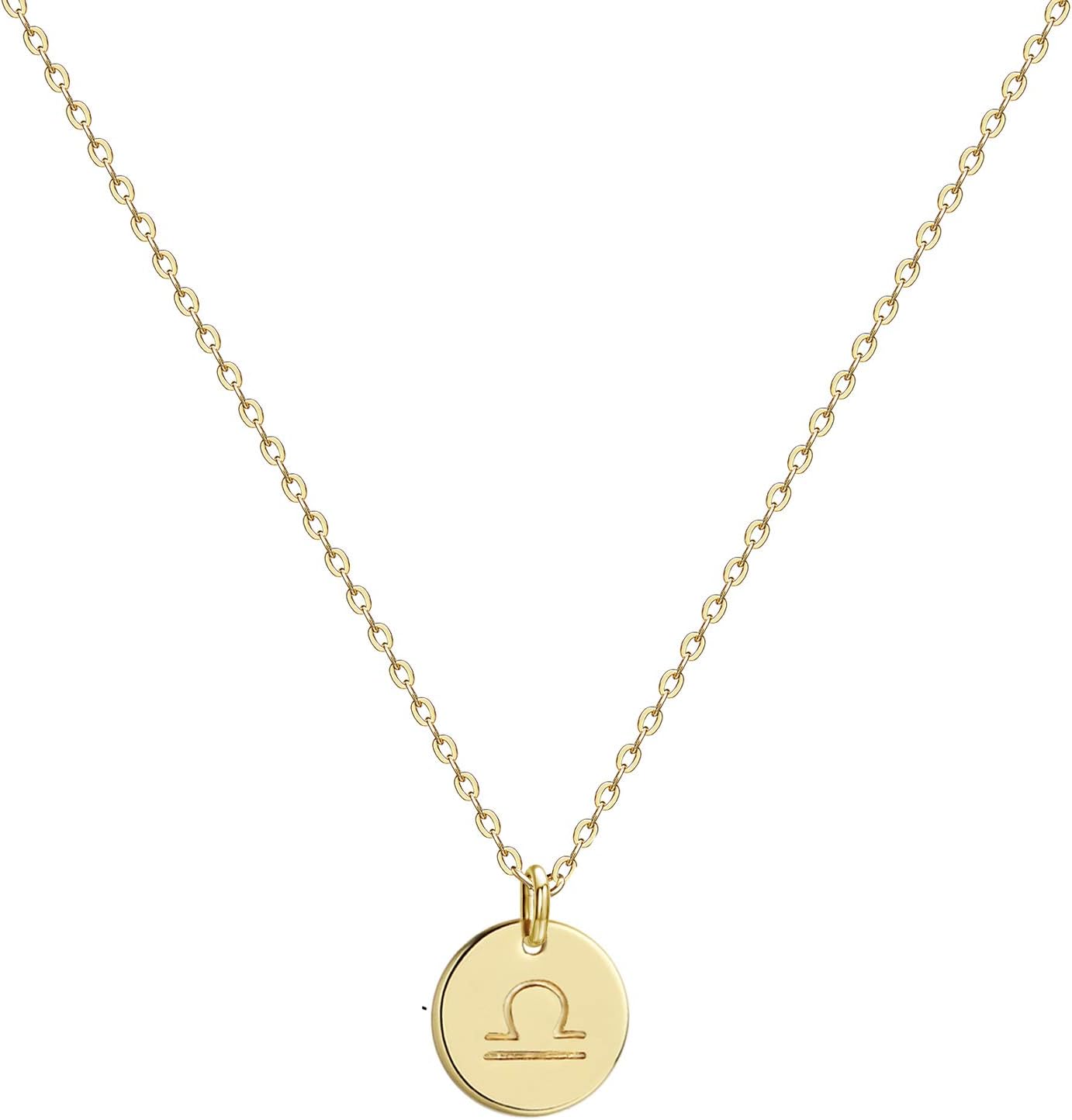 Constellation Necklace Pendant 14K Gold-Plated Hammered round Disc Engraved Zodiac Sign Pendant 17.5’’ Adjustable Dainty Necklace