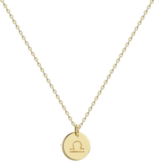 Constellation Necklace Pendant 14K Gold-Plated Hammered round Disc Engraved Zodiac Sign Pendant 17.5’’ Adjustable Dainty Necklace