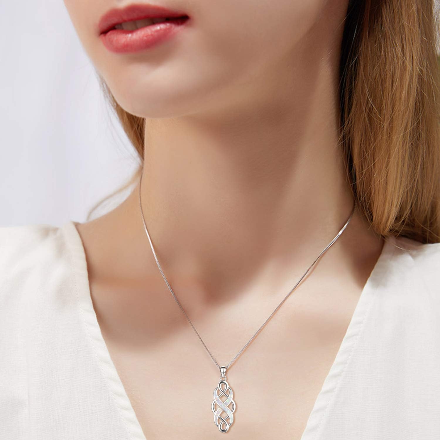 Irish Celtic Knot Created Opal Pendant Necklace Sterling Silver Black Necklaces for Women Men 18"