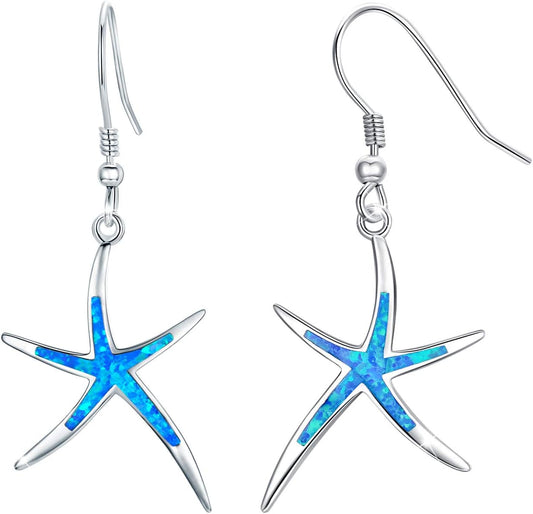 925 Sterling Silver Starfish Earrings with Opal Fish Hoops, Nautical Hawaiian Sea Beach Jewelry for Women and Starfish Lovers