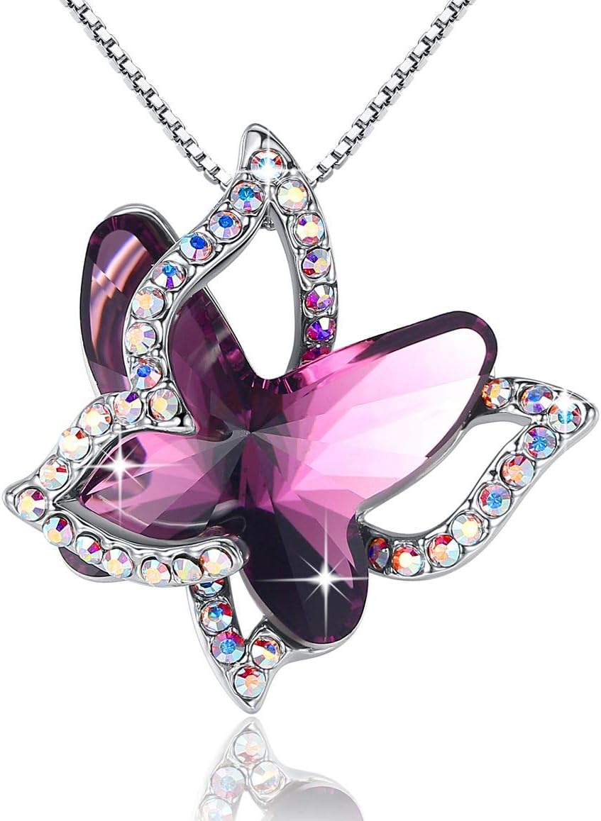 Gift Butterfly Birthstone Crystal Necklace, Silver Tone with 18”+2” Chain, Necklace for Mother’S Day Anniversary Birthday Gifts for Women and Daughter