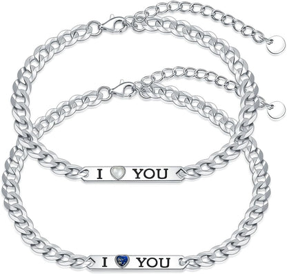 925 Sterling Silver I Love You Matching Couple Bracelets– Set of 2
