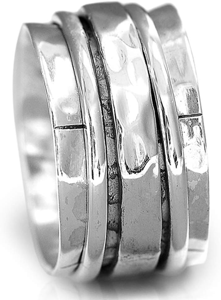 925 Sterling Silver Spinner Ring for Women Hammered Wide Fidget Ring Band