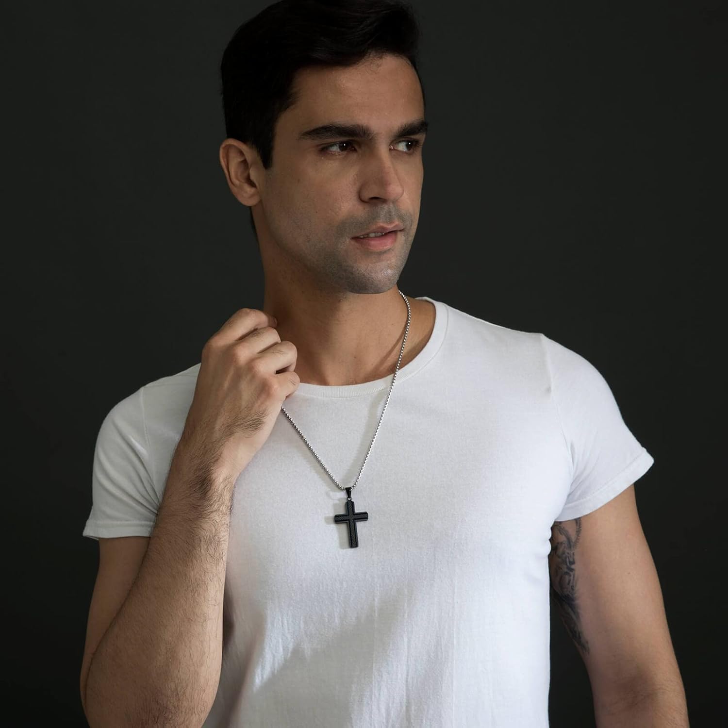 Men'S Stainless Steel Cross Necklace,Two-Tone Black & Blue Carbon Fiber Pendant - Included Gift Box