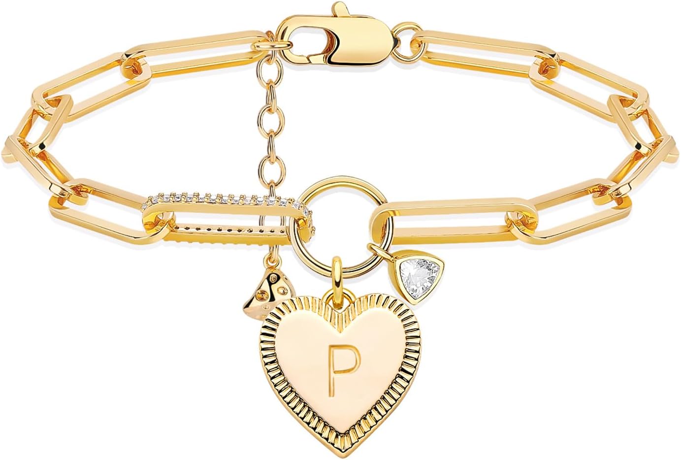 Gold Paperclip Bracelet, 18K Gold Plated Heart Initial Oval Link Bracelet Dainty Handmade Letter Charm Bracelet for Women Jewelry
