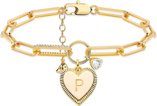 Gold Paperclip Bracelet, 18K Gold Plated Heart Initial Oval Link Bracelet Dainty Handmade Letter Charm Bracelet for Women Jewelry
