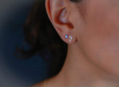 925 Sterling Silver Synthetic Opal Earrings Studs Hypoallergenic Dolphin Earrings Cute Birthday Jewelry Gift for Her