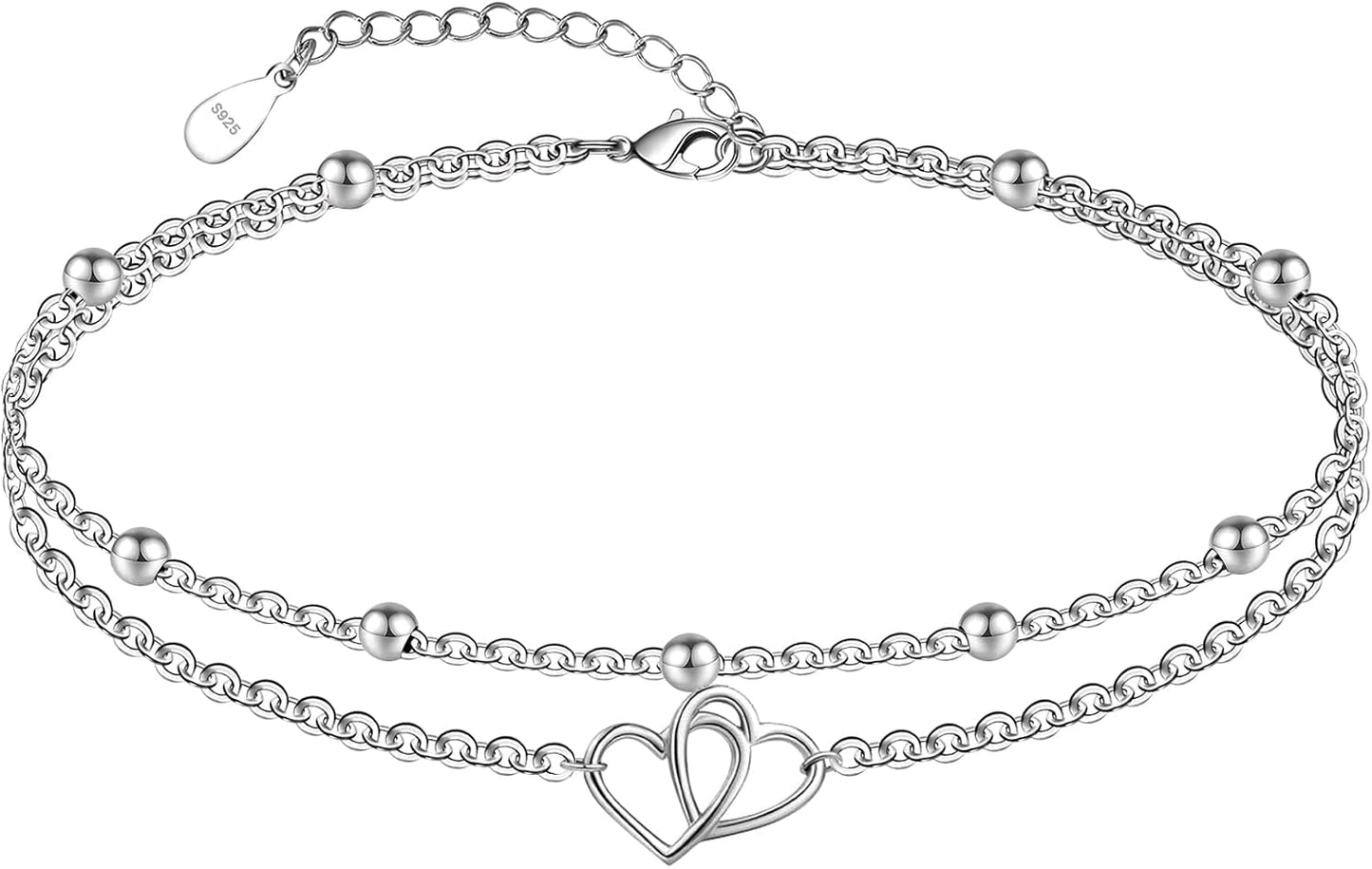Womens Sterling Silver Created Opal Layered Anklet Bracelet Dainty Beaded Chain Adjustable 11" Best Friend Anklet