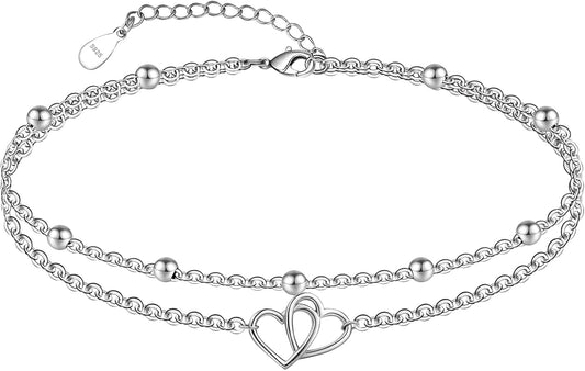 Womens Sterling Silver Created Opal Layered Anklet Bracelet Dainty Beaded Chain Adjustable 11" Best Friend Anklet