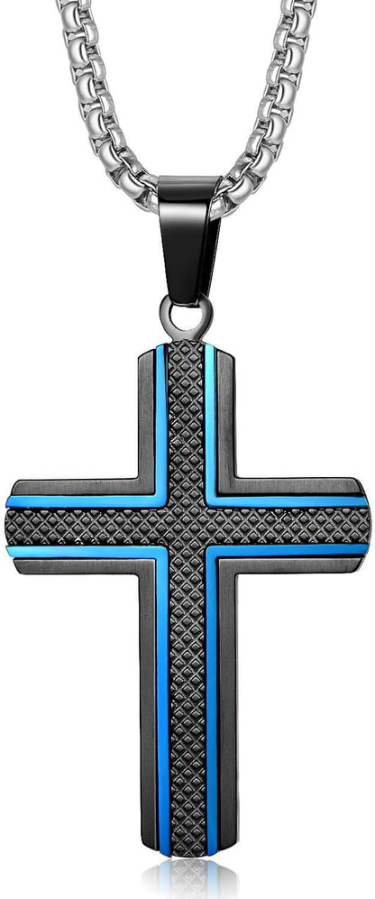 Men'S Stainless Steel Cross Necklace,Two-Tone Black & Blue Carbon Fiber Pendant - Included Gift Box