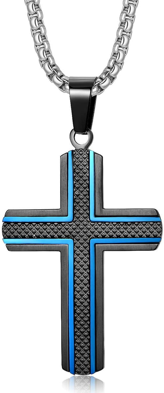 Men'S Stainless Steel Cross Necklace,Two-Tone Black & Blue Carbon Fiber Pendant - Included Gift Box