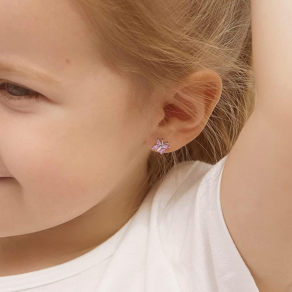 925 Sterling Silver Cubic Zirconia Butterfly Screw Back Earrings for Little Girls & Teens - Eye-Catching and Fashionable Safety Stud Earrings - Sparkly and Elegant Jewelry for Girls