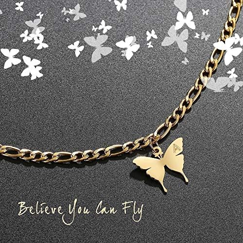 Ankle Bracelets for Women - Initial Butterfly Anklet for Women Stainless Steel Figaro Chain Summer Beach Waterproof Foot Jewelry Gifts, Gold/Silver