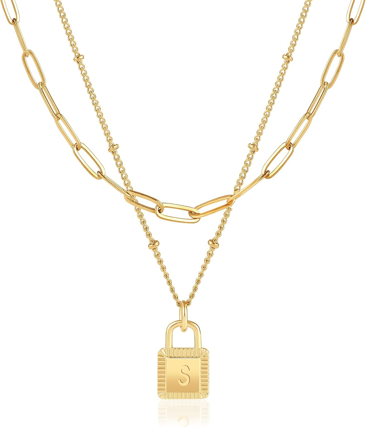 Gold Layered Initial Necklaces for Women 18K Gold Plated Dainty Layered Letter Lock Necklace for Women Gold Padlock Pendant Necklaces Personalized Trendy Jewelry