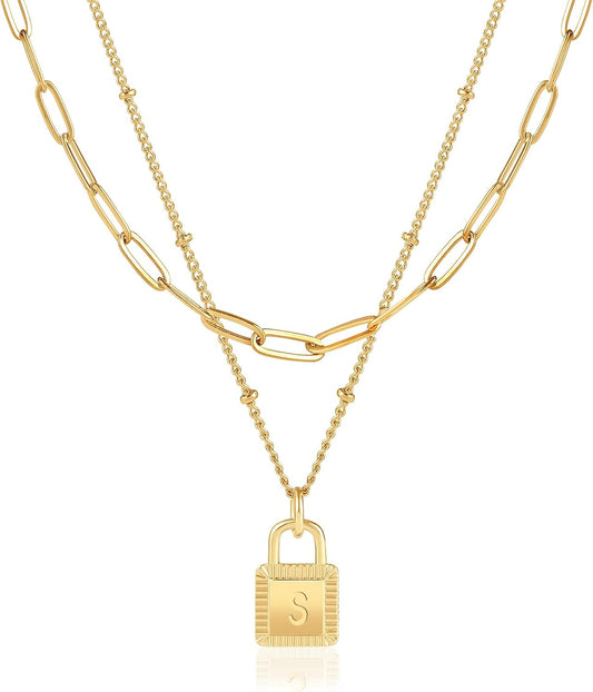 Gold Layered Initial Necklaces for Women 18K Gold Plated Dainty Layered Letter Lock Necklace for Women Gold Padlock Pendant Necklaces Personalized Trendy Jewelry