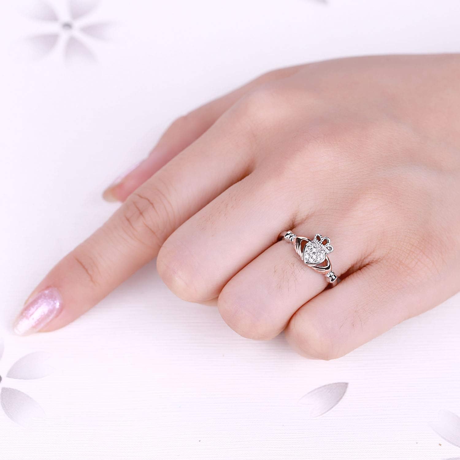 925 Sterling Silver Cubic Zirconia Rose Gold Claddagh Heart Promise Rings for Her,Birthstone Rings for Women