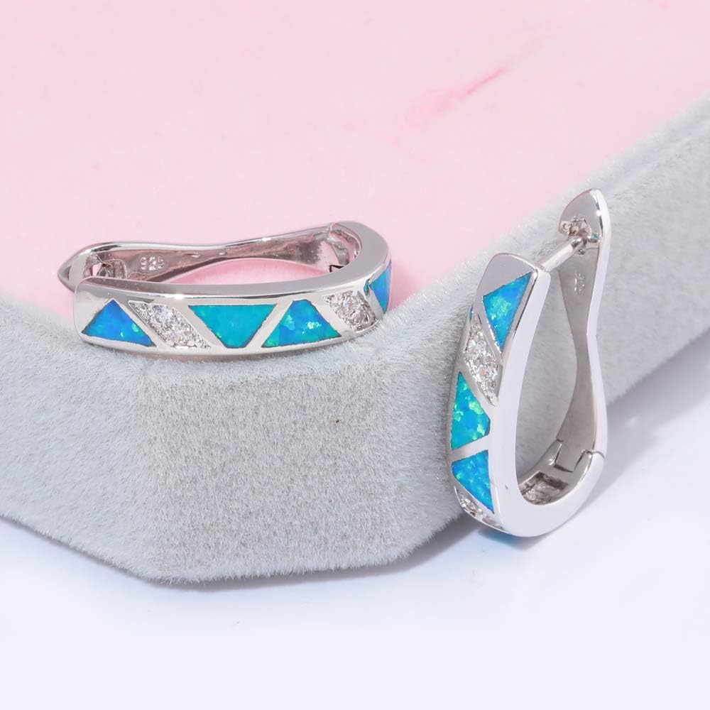 Womens Hoop Earrings White Gold Plated Opal Huggie Earrings Gemstone Jewelry Gift