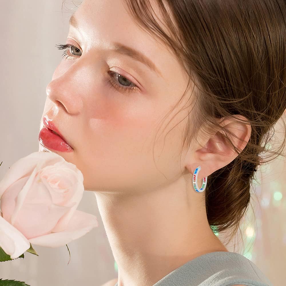 Sterling Silver/Rose Gold/Yellow Gold Plated Hoop Earrings 20Mm,Multicolor Opal Small Hoop Earrings for Women Girls Hypoallergenic Jewelry for Sensitive Ears Gemstone Earrings
