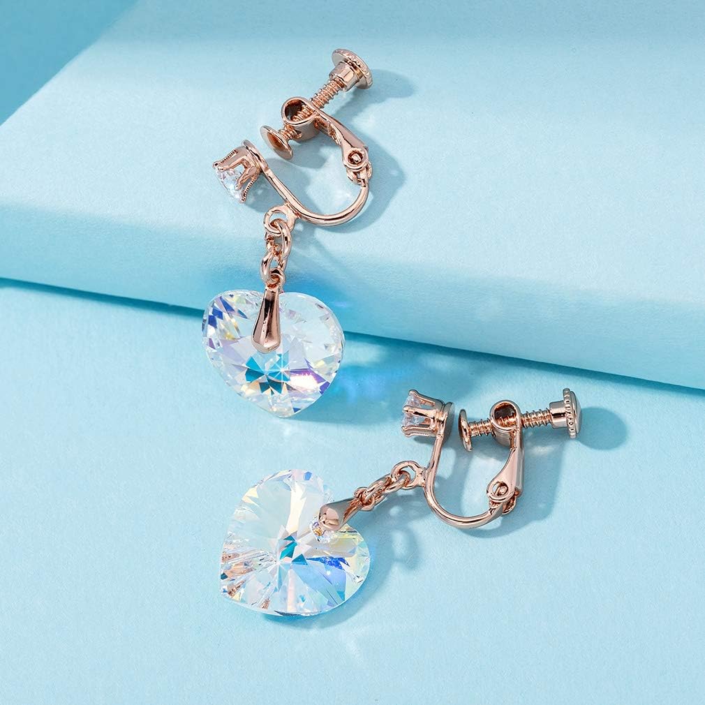 Austrian Crystal Heart Drop Clip on Dangle Earrings for Women Non Pierced 14K Rose Gold Plated Hypoallergenic Jewelry