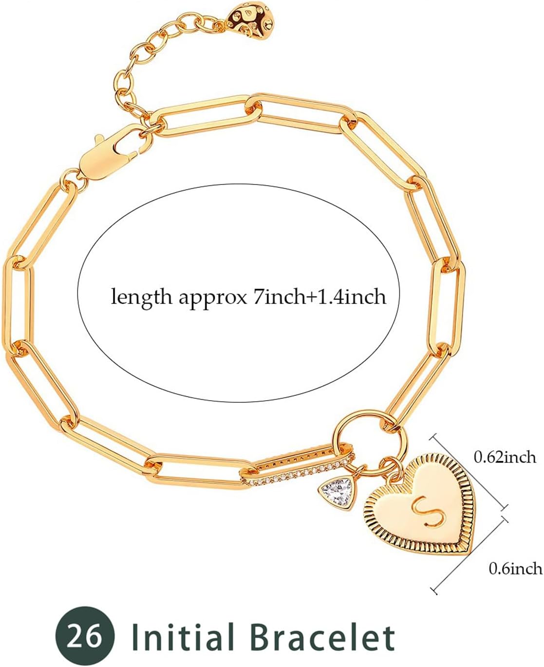 Gold Paperclip Bracelet, 18K Gold Plated Heart Initial Oval Link Bracelet Dainty Handmade Letter Charm Bracelet for Women Jewelry
