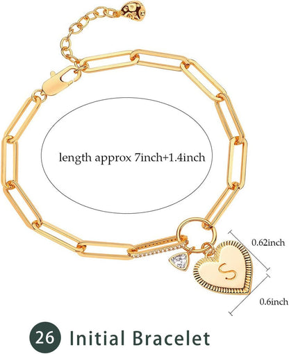 Gold Paperclip Bracelet, 18K Gold Plated Heart Initial Oval Link Bracelet Dainty Handmade Letter Charm Bracelet for Women Jewelry