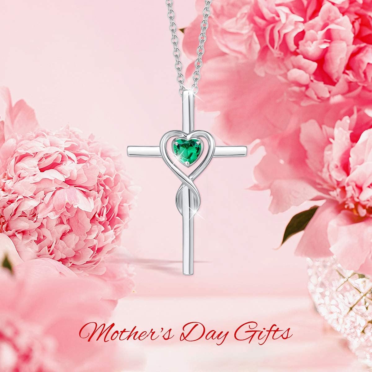 Birthstone Cross Necklace for Women Birthstone Necklace Heart Infinity Cross Pendant Necklace Fine Jewelry Christmas Birthday Holiday Gifts for Her, 16"+2" Inches
