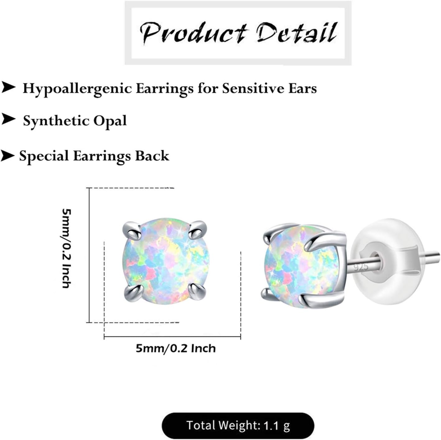 Hypoallergenic Earrings for Women: 925 Sterling Silver Rainbow Moonstone/Opal/Turquoise Screw Back Stud Earrings for Sensitive Ears Small round Earrings Christmas Mother Day Jewelry Gifts (5Mm/7Mm)