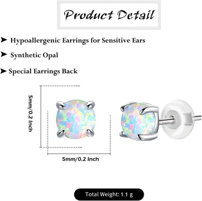 Hypoallergenic Earrings for Women: 925 Sterling Silver Rainbow Moonstone/Opal/Turquoise Screw Back Stud Earrings for Sensitive Ears Small round Earrings Christmas Mother Day Jewelry Gifts (5Mm/7Mm)