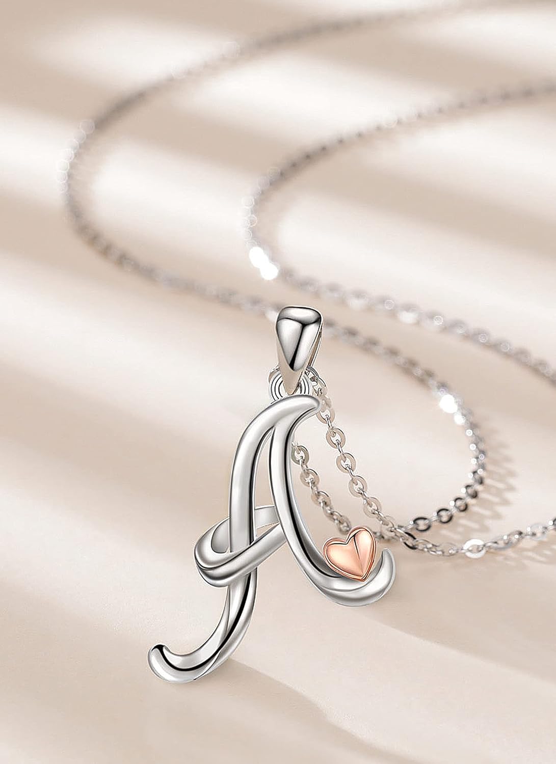 925 Sterling Silver Initial Necklaces 26 Letter with Rose Gold Heart - 18 Inch Chain