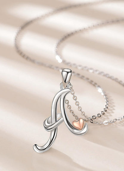 925 Sterling Silver Initial Necklaces 26 Letter with Rose Gold Heart - 18 Inch Chain