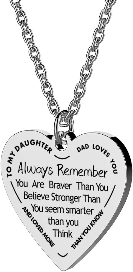 Haoflower Daughter Heart Pendant Necklace You Are Braver than You Believe Engraved Motivational Message Stainless Steel Jewelry Gifts from Mom Dad