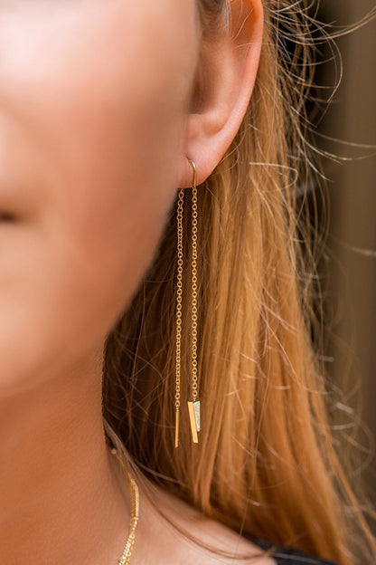 Dagger Threader Triangle Earrings | Gold Dipped Earring | Dangle Drop Long Chain Double Piercing Accessories for Women | Gifts for Mom, Girlfriend, Sister