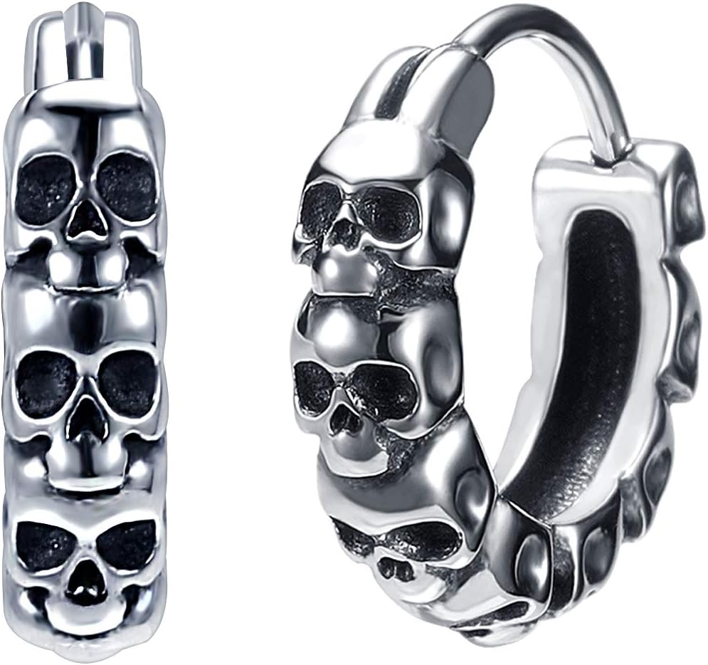 Gothic Skull Hoop Earrings for Men Surgical Steel Mens Huggie Earrings Punk Black Helix Piercing Jewelry for Women