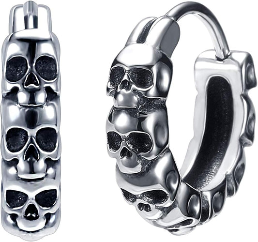 Gothic Skull Hoop Earrings for Men Surgical Steel Mens Huggie Earrings Punk Black Helix Piercing Jewelry for Women