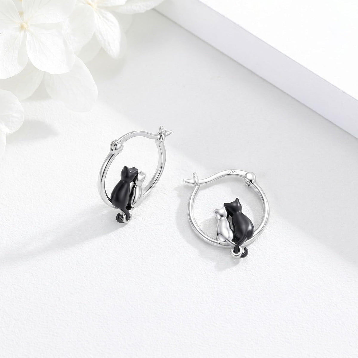 925 Sterling Silver Double Cat Huggie Hoop Earrings