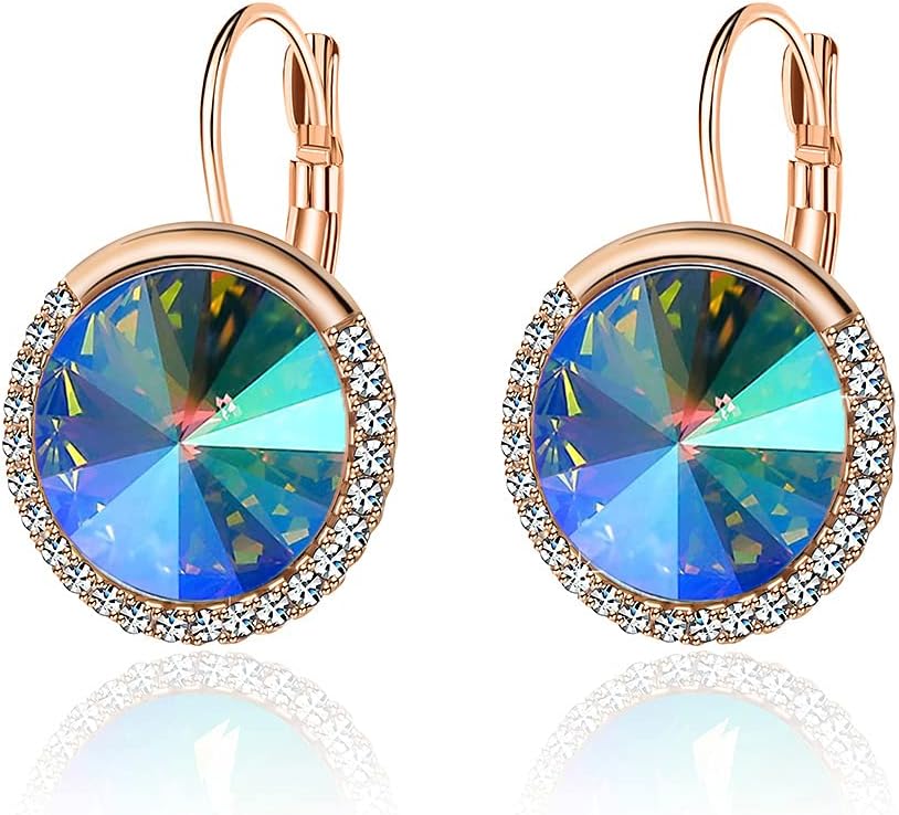 Round Austrian Crystal Halo Drop Leverback Earrings for Women 14K Gold Plated Hypoallergenic Earrings