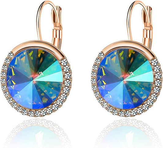Round Austrian Crystal Halo Drop Leverback Earrings for Women 14K Gold Plated Hypoallergenic Earrings