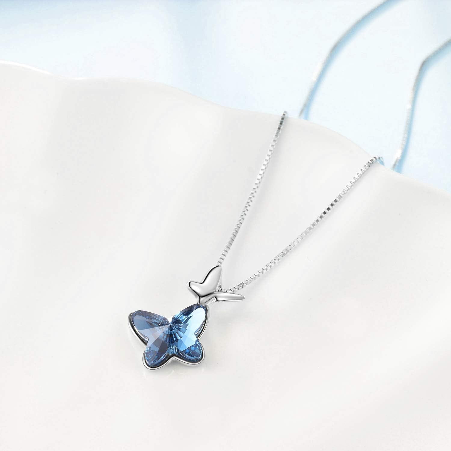 Sterling Silver Chasing Butterfly Pendant Necklace Embellished with Austrian Crystals - Fine Anniversary or Birthday Butterfly Jewelry Gift for Women - Morpho Helena Series